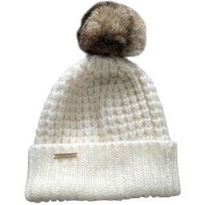 Michael Kors Cream Knit Beanie with Fur Pom Womens Hat